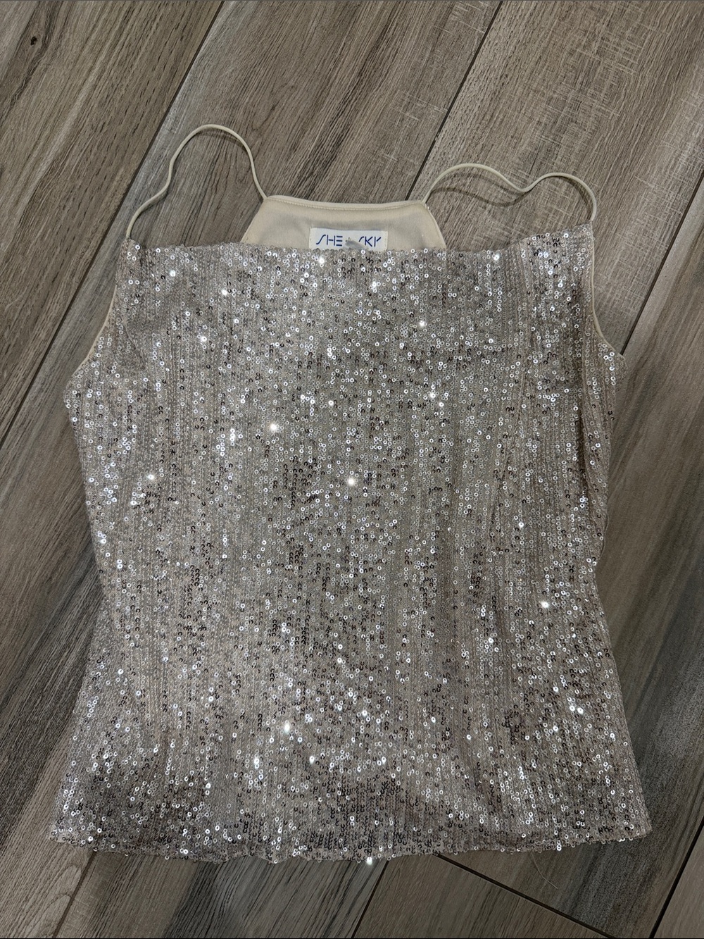 She + Sky Champagne Sequin Cami with Spaghetti Straps